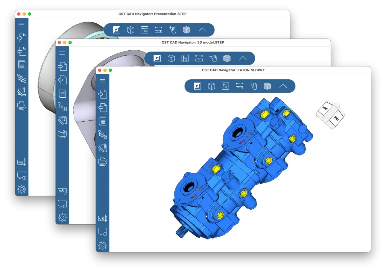 Trzy okna programu CST CAD Navigator wyświetlają modele 3D. Jedno z nich pokazuje niebieski element mechaniczny w formacie .STEP.