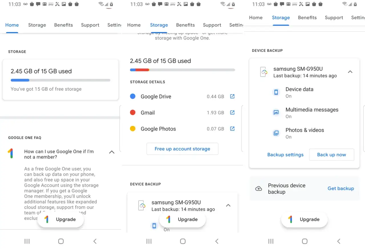 Gdzie jest chmura w telefonie? Widok Google One pokazuje 2.45 GB zajętego miejsca, głównie przez Gmaila.