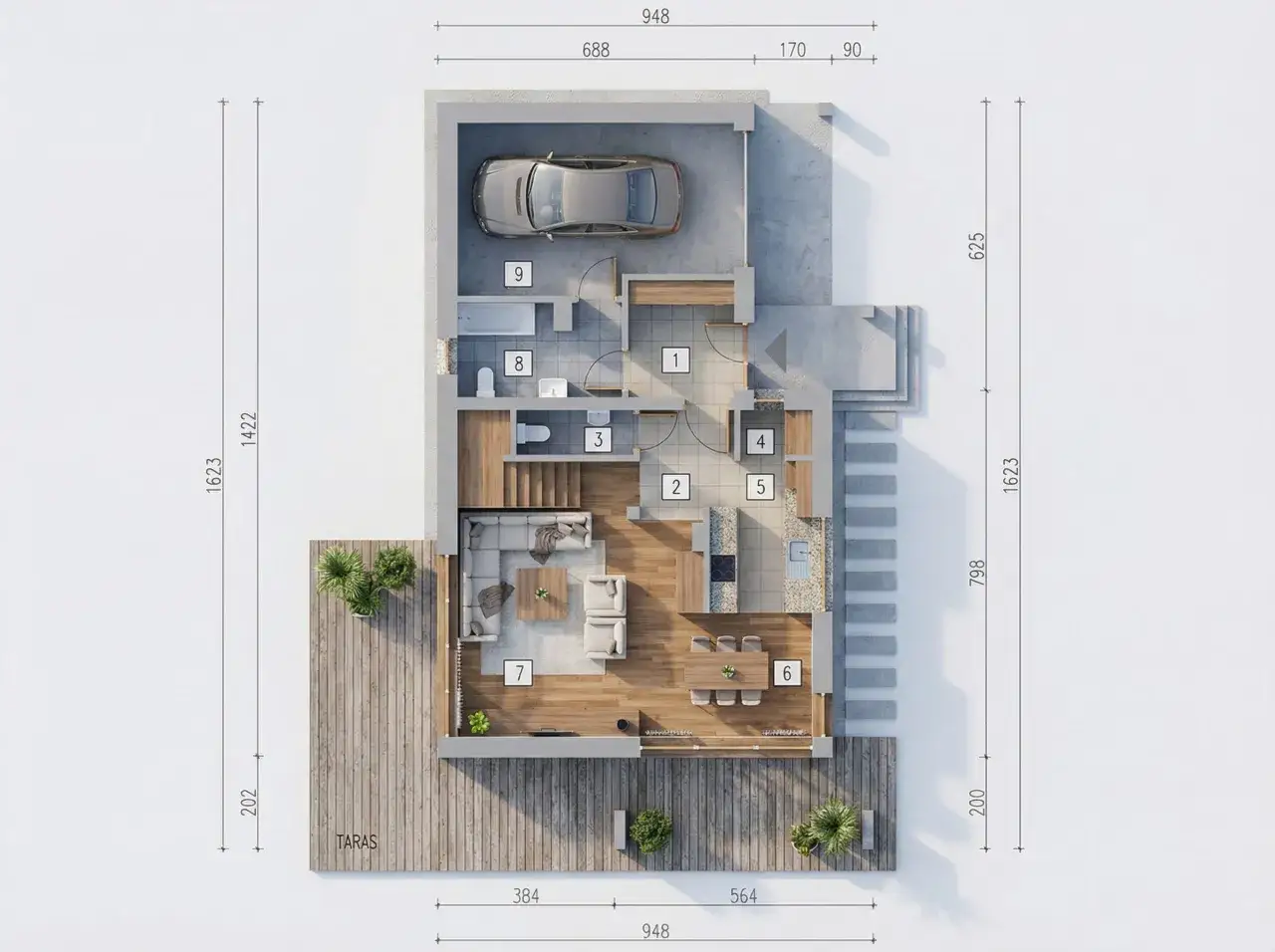 Projekt domu 200m2 z garażem, tarasem, salonem (7), jadalnią (6), kuchnią (5), łazienkami (8, 9) i innymi pomieszczeniami.