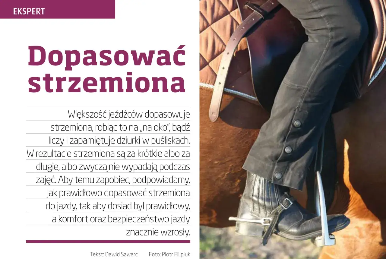 Jeździec w czarnych bryczesach i butach z ostrogami, stopa oparta na strzemieniu. Prawidłowe dopasowanie strzemion zapewnia komfort i bezpieczeństwo.