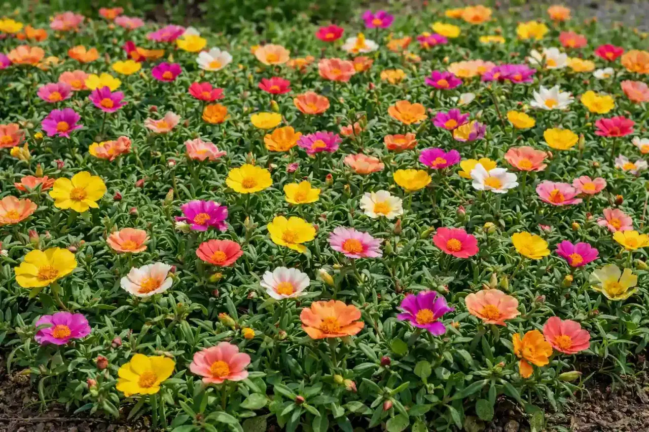 Un tappeto di fiori colorati, tra cui spicca l'erba portulaca, illumina il giardino con petali vivaci di rosa, giallo, arancio e bianco.