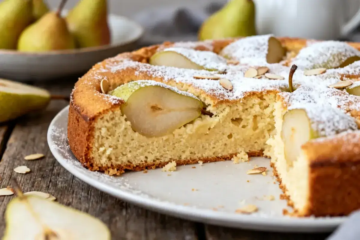 Un d&eacute;licieux cake poire, saupoudr&eacute; de sucre glace et garni de lamelles d'amandes. Une tranche est coup&eacute;e, r&eacute;v&eacute;lant la texture moelleuse du g&acirc;teau.