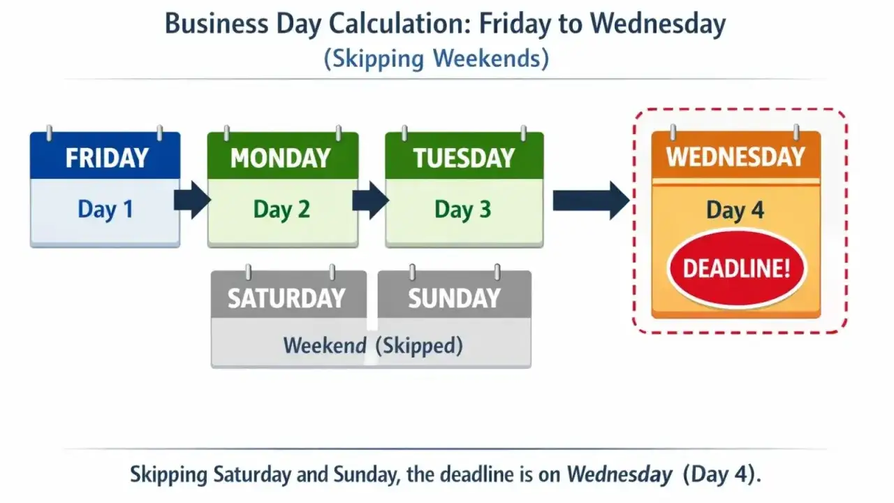 Illustrazione del calcolo numero giorni tra due date, mostrando venerd&igrave; (Giorno 1) fino a mercoled&igrave; (Giorno 4), saltando sabato e domenica.