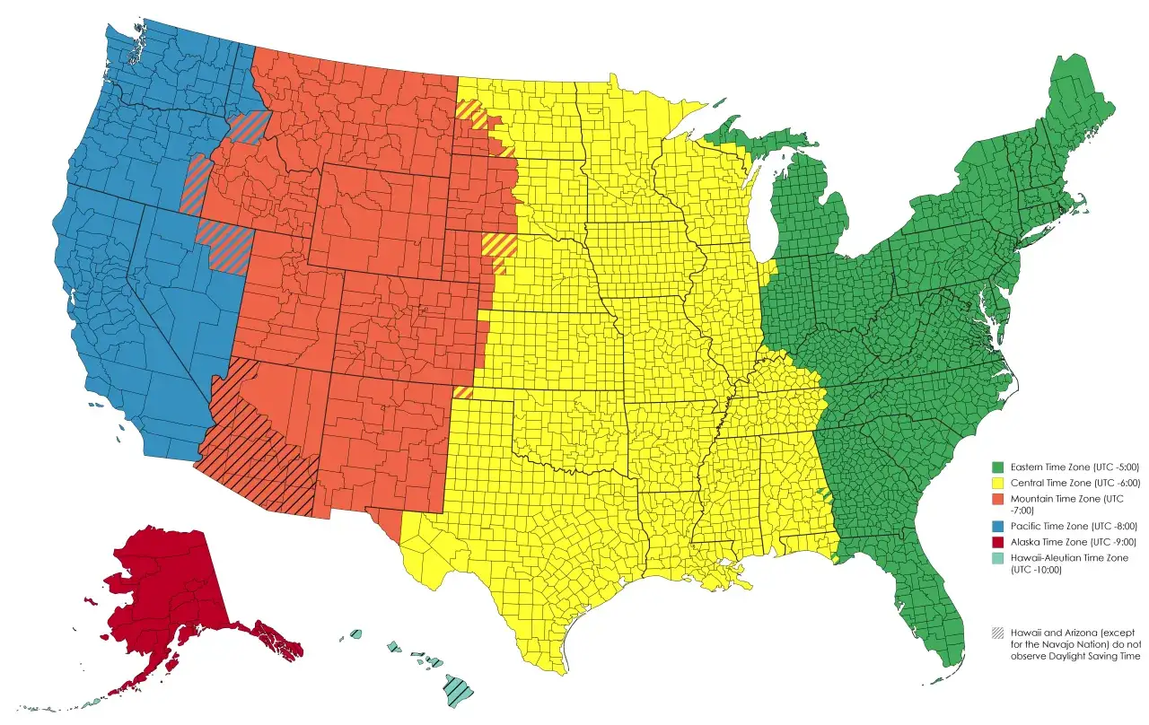 Mapa USA z podziałem na strefy czasowe: Wschodnia, Centralna, Górska, Pacyficzna, Alaska, Hawaje-Aleuty. W sumie 6 stref czasowych w USA.