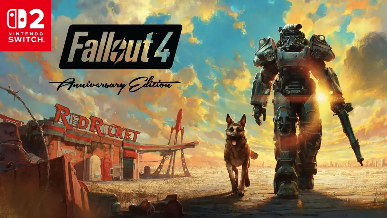 Zbroja z Fallout 4 na Nintendo Switch, z psem i stacją Red Rocket w tle.
