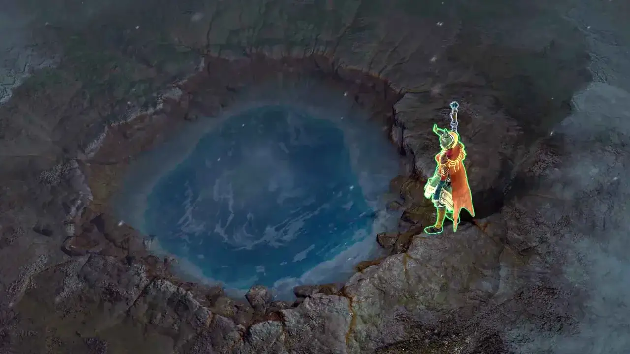 Ein Charakter steht am Rand einer tiefen Quelle. Das Wasser schimmert blau, w&auml;hrend Schnee f&auml;llt. Das Geheimnis der Quelle in Diablo 4 wartet darauf, gel&uuml;ftet zu werden.