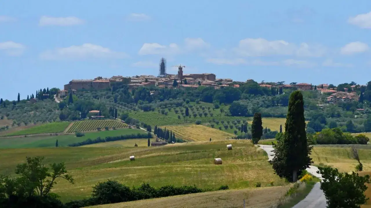 Paysage toscan avec Pienza en arri&egrave;re-plan, vignobles, champs de bl&eacute; et balles de foin.