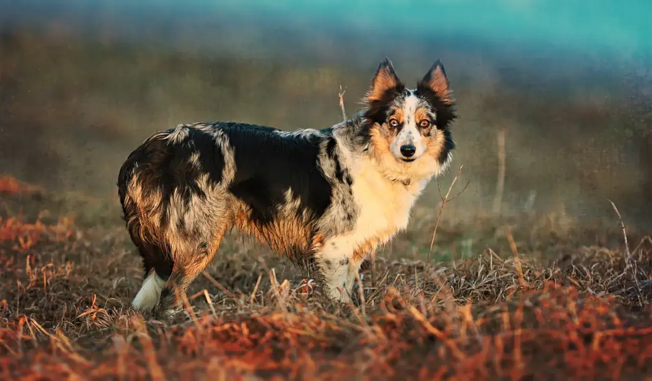 Piękny border collie w marzycielskim krajobrazie, gotowy na spacer ze swoją smyczą.