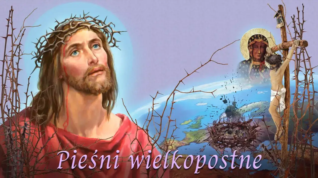 Obraz przedstawia cierpiącego Jezusa w koronie cierniowej, symbolizującego mękę. W tle widać Matkę Boską i krzyż, a także fragment Ziemi. Tekst