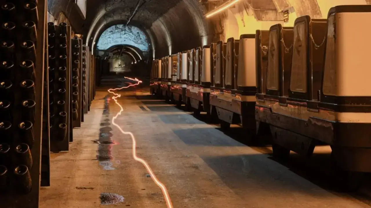 Cave vout&eacute;e avec rang&eacute;es de bouteilles de champagne Mercier, des wagons de transport et un chemin lumineux. Avis sur le champagne Mercier.