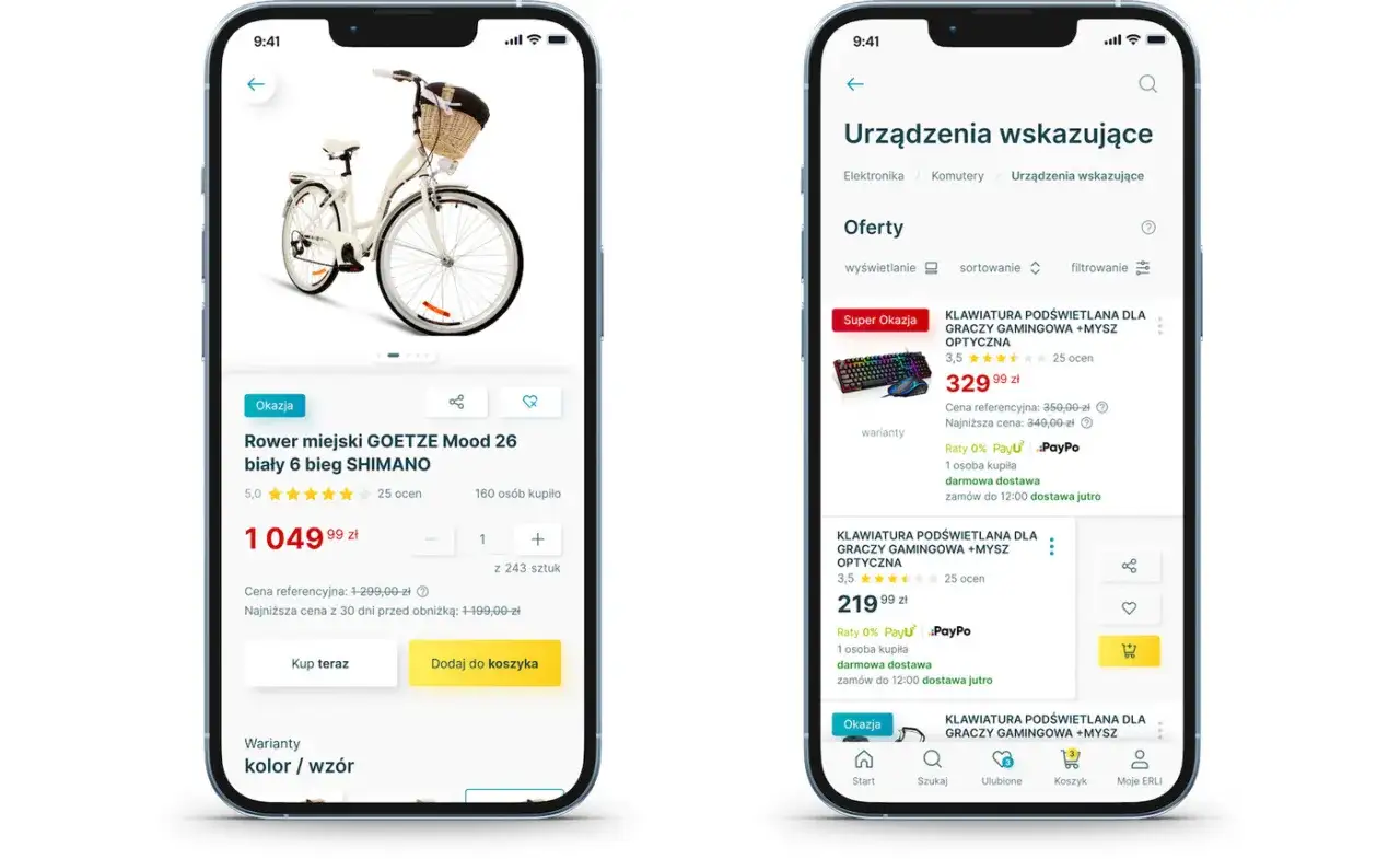 Na ekranie telefonu widać rower miejski i klawiatury gamingowe. Dostępne są różne erli metody płatności, jak PayU i PayPo.