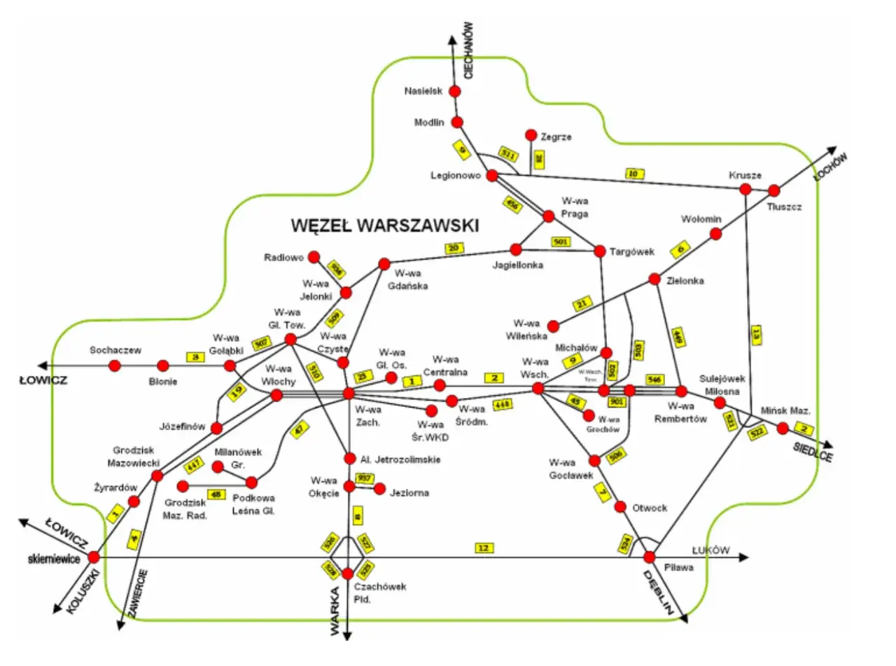 Mapa węzła warszawskiego z zaznaczonymi trasami, m.in. ic batory trasa.