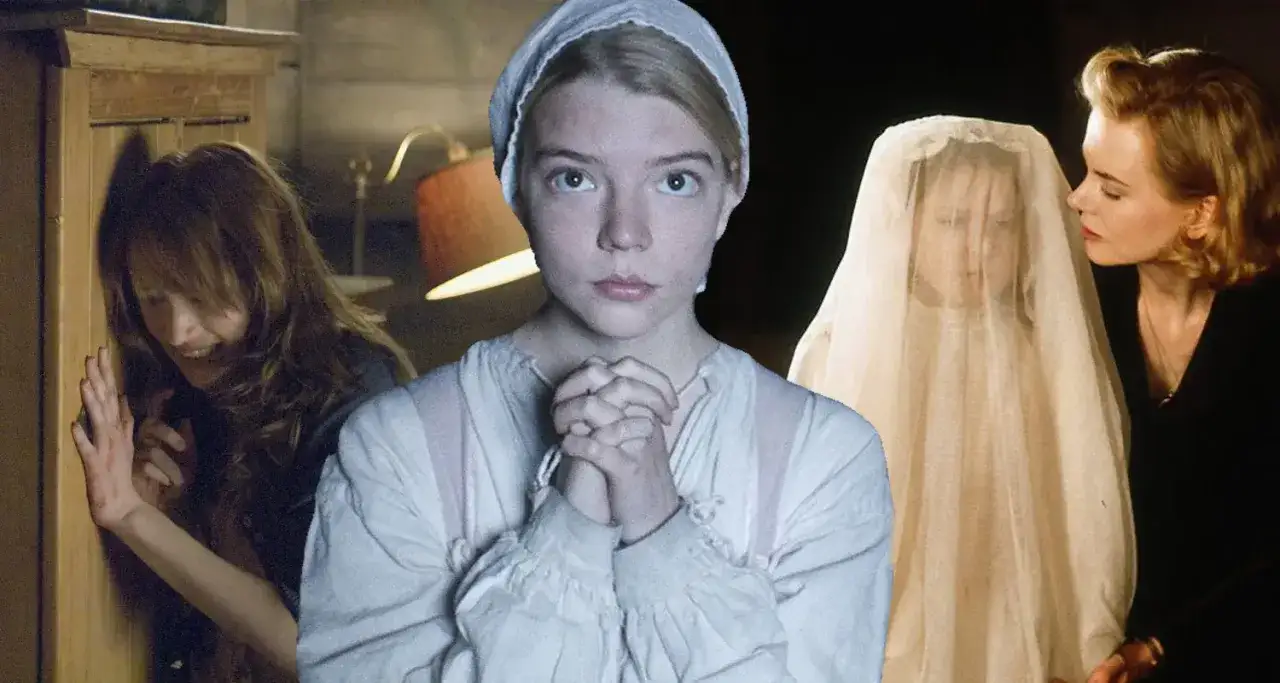 Kolaż scen z filmów grozy: przerażona dziewczyna, modląca się młoda kobieta i matka z dzieckiem pod welonem. Najlepiej oceniane horrory.