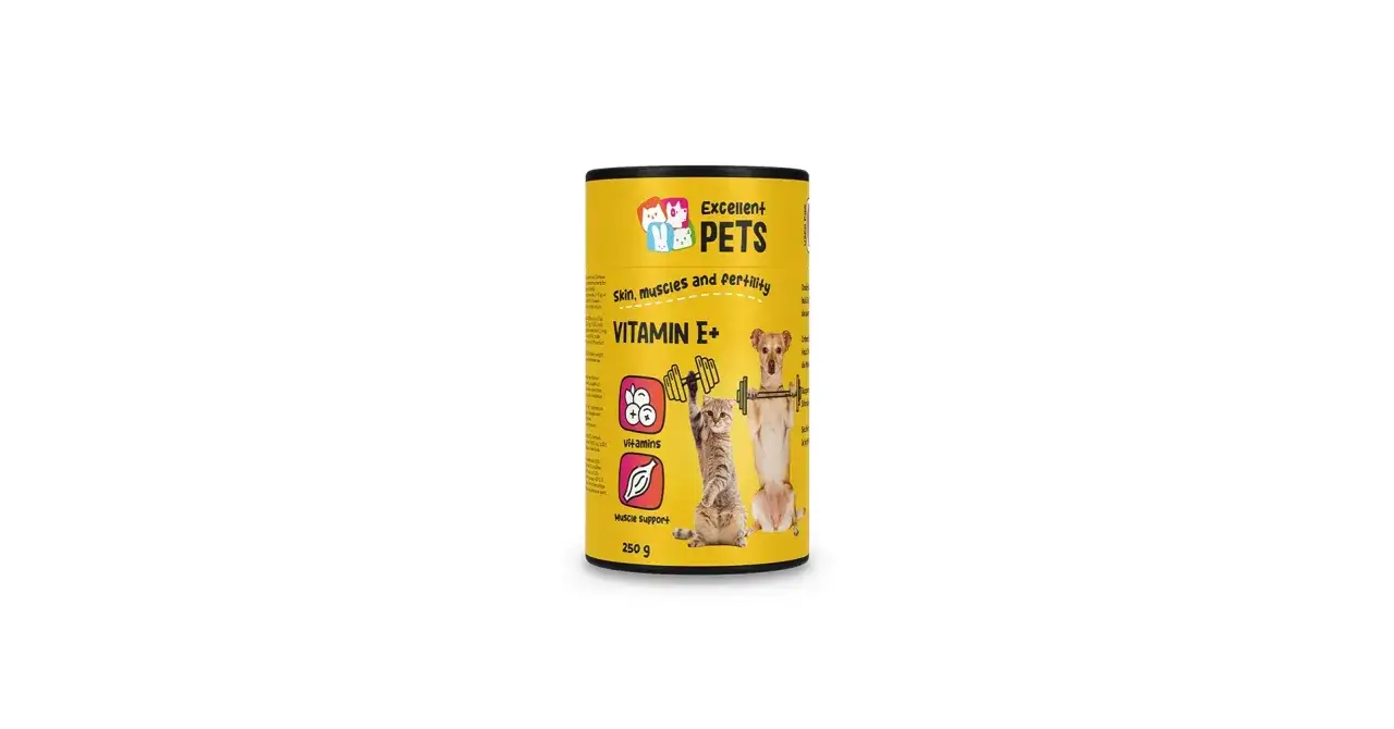 Boîte de vitamine E+ pour chiens et chats, pour la peau, les muscles et la fertilité. 250g.
