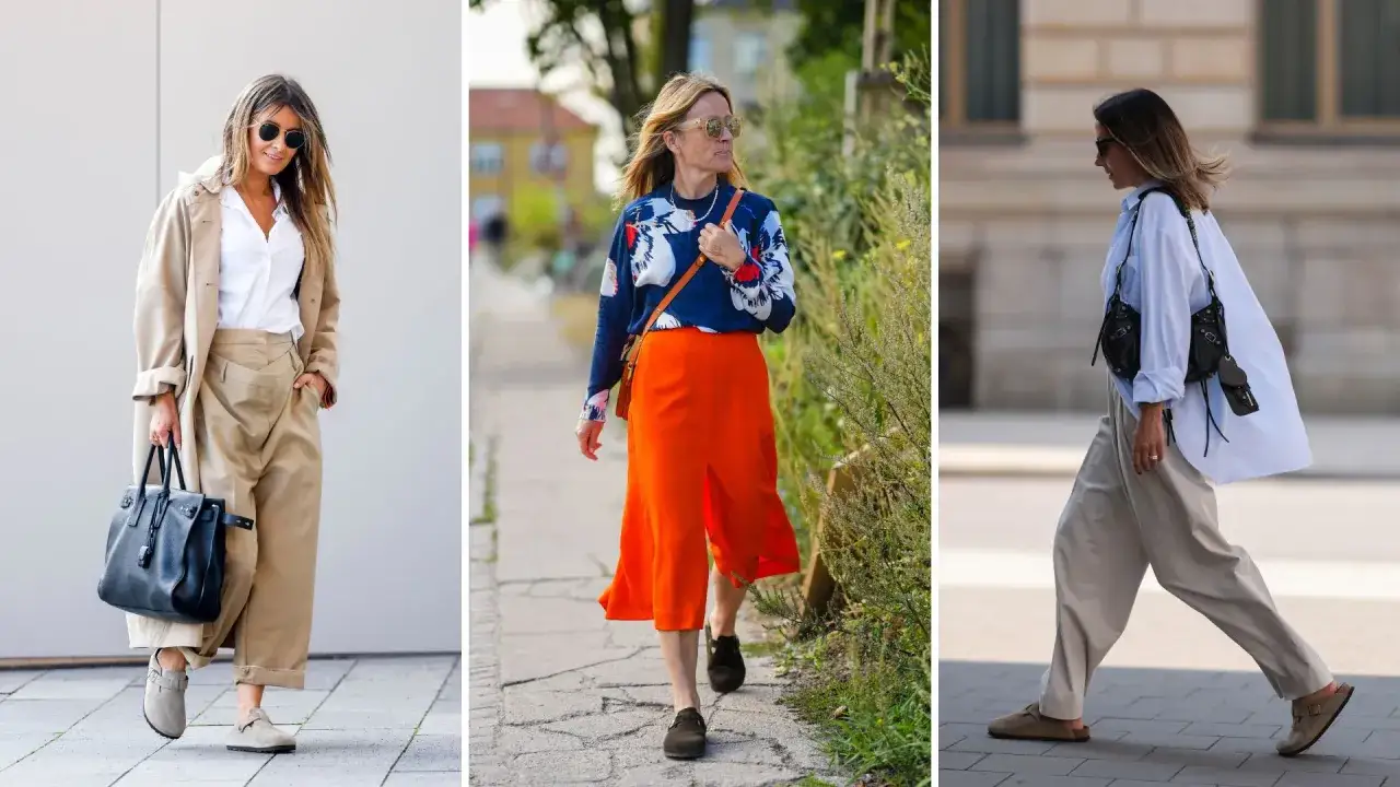 Tre donne mostrano come abbinare Birkenstock Boston con pantaloni ampi, gonne e trench per un look casual chic.