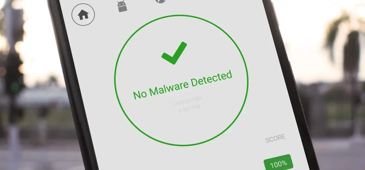 Twój telefon jest bezpieczny! Ten dobry antywirus na telefon za darmo wykrył brak złośliwego oprogramowania. Wynik 100%.