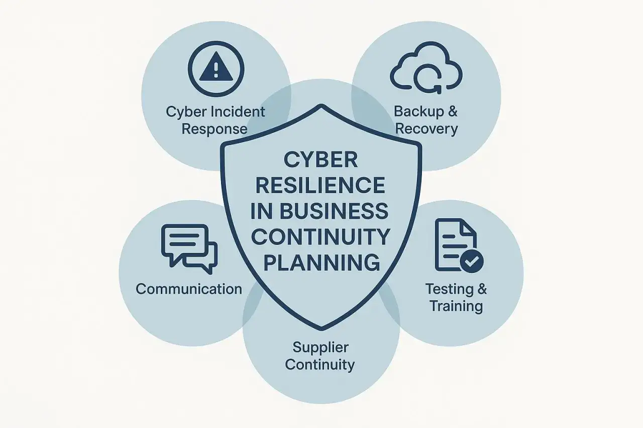 Schéma illustrant la résilience cybersécurité : réponse aux incidents, sauvegarde, communication, continuité fournisseur, tests et formation.
