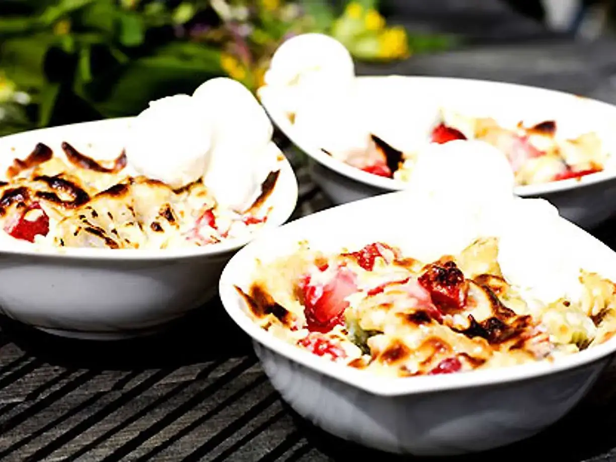 Tre sk&aring;lar med varm smulpaj med jordgubbar och vaniljglass, ett perfekt Gino recept f&ouml;r en sommardessert.