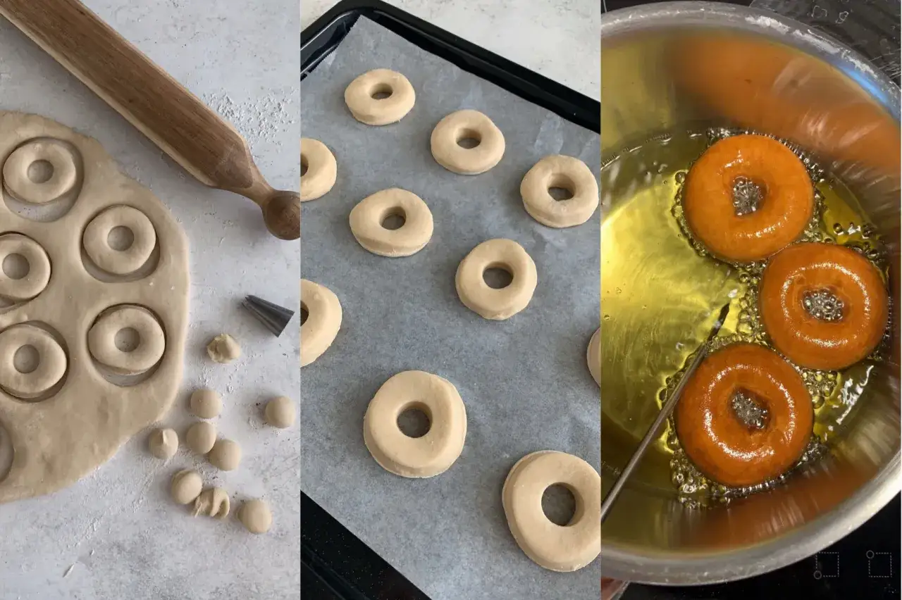 Donuts recept: deg utstansad, redo för fritering. Snart gyllene och klara!