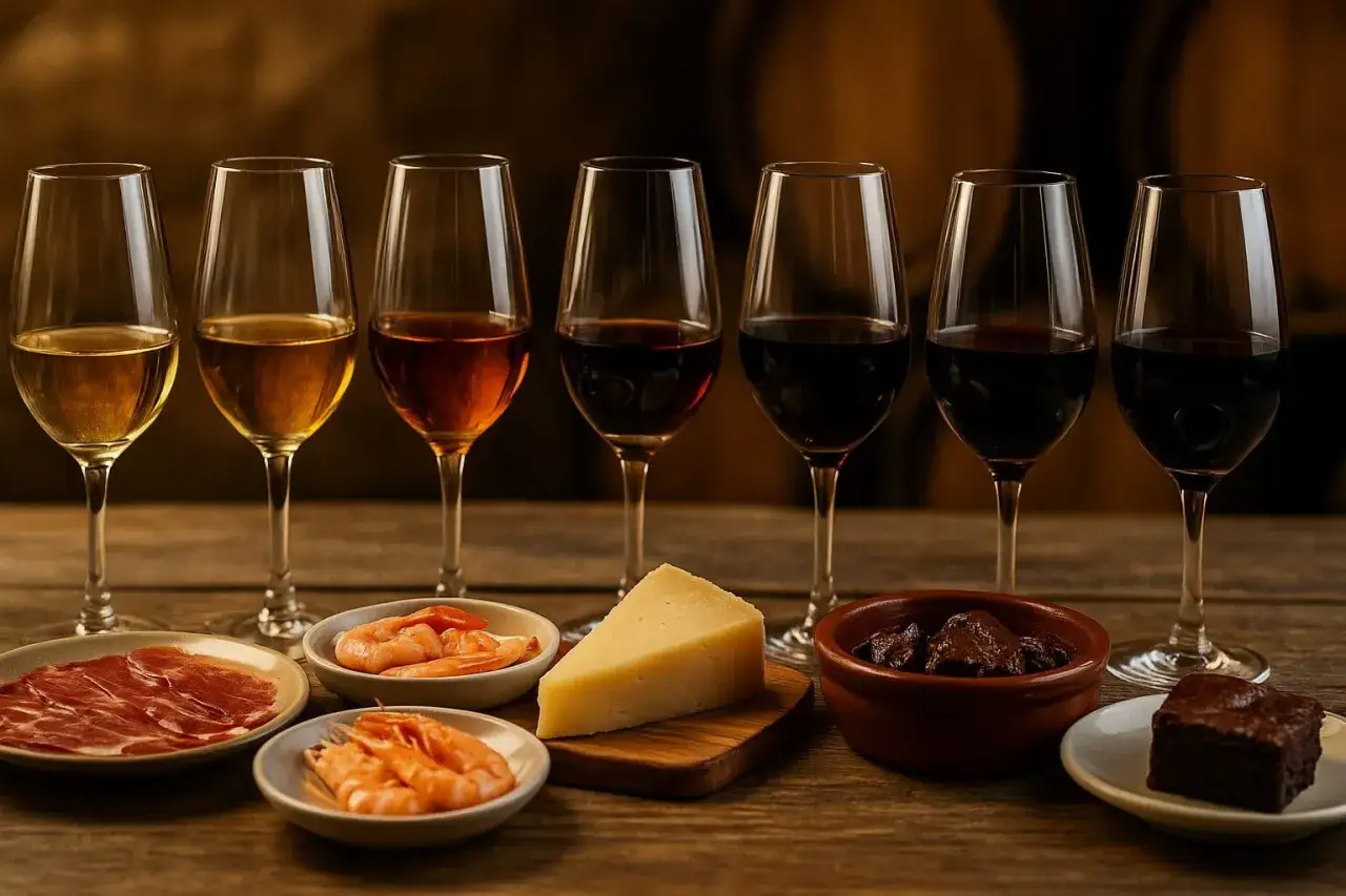 Degustación de vinos de pasto con jamón, gambas, queso y un postre de chocolate.