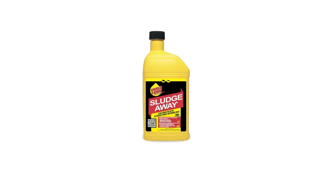 Botella amarilla de Dura Lube Sludge Away, ideal para solucionar problemas de xenum m-flush y mantener tu motor limpio.
