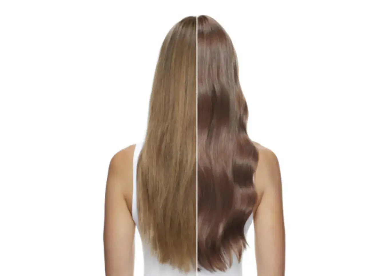 Dos tonos de cabello castaño claro, uno liso y opaco, el otro con ondas y brillo radiante.