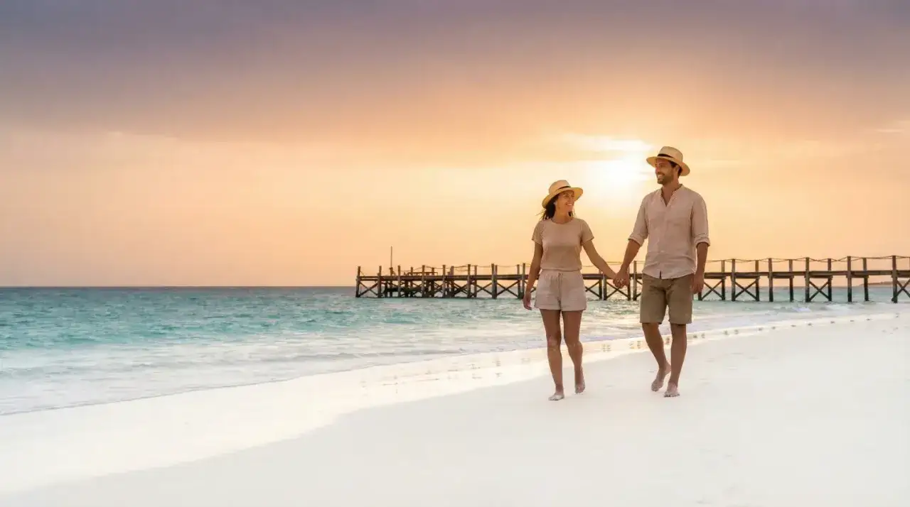 Ein Paar spaziert Hand in Hand am Strand entlang, während die Sonne untergeht. Die idyllische Szene könnte auf den Kapverden spielen, doch eine **Kapverden Reisewarnung** sollte man im Hinterkopf behalten.