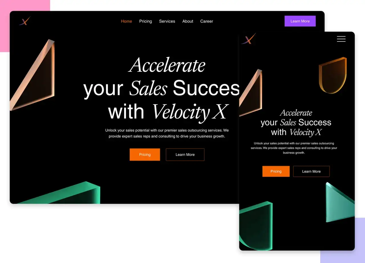 Strona internetowa z **adaptive web design** prezentuje ofertę Velocity X, podkreślając przyspieszenie sukcesu sprzedażowego.