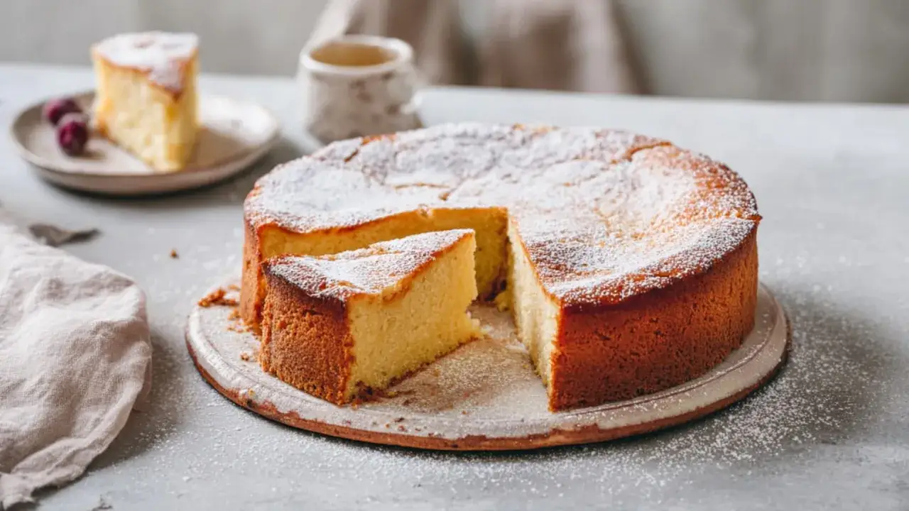 Ein goldbrauner Kuchen, bestäubt mit Puderzucker, wartet darauf, probiert zu werden. Dieses Kartoffeltorte Rezept ist ein Genuss!