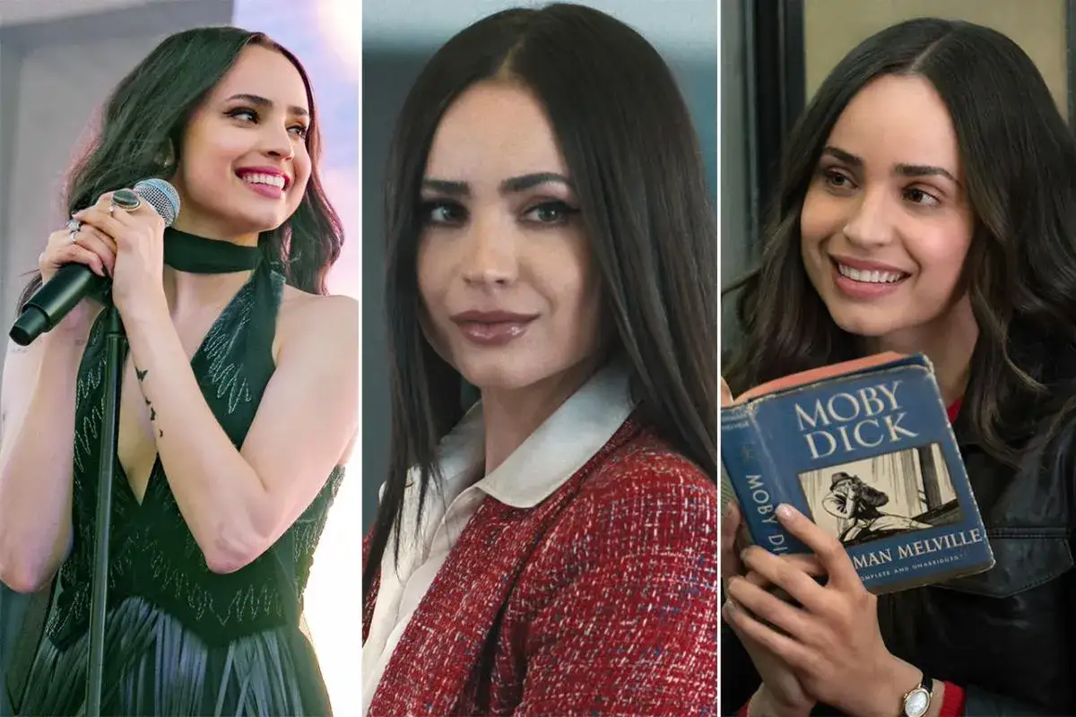 Sofia Carson w trzech odsłonach: śpiewająca, w eleganckim żakiecie i czytająca 