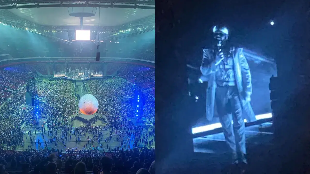 Koncert The Weeknd w Polsce. Ogromny stadion wypełniony fanami, na scenie artysta w białym stroju.