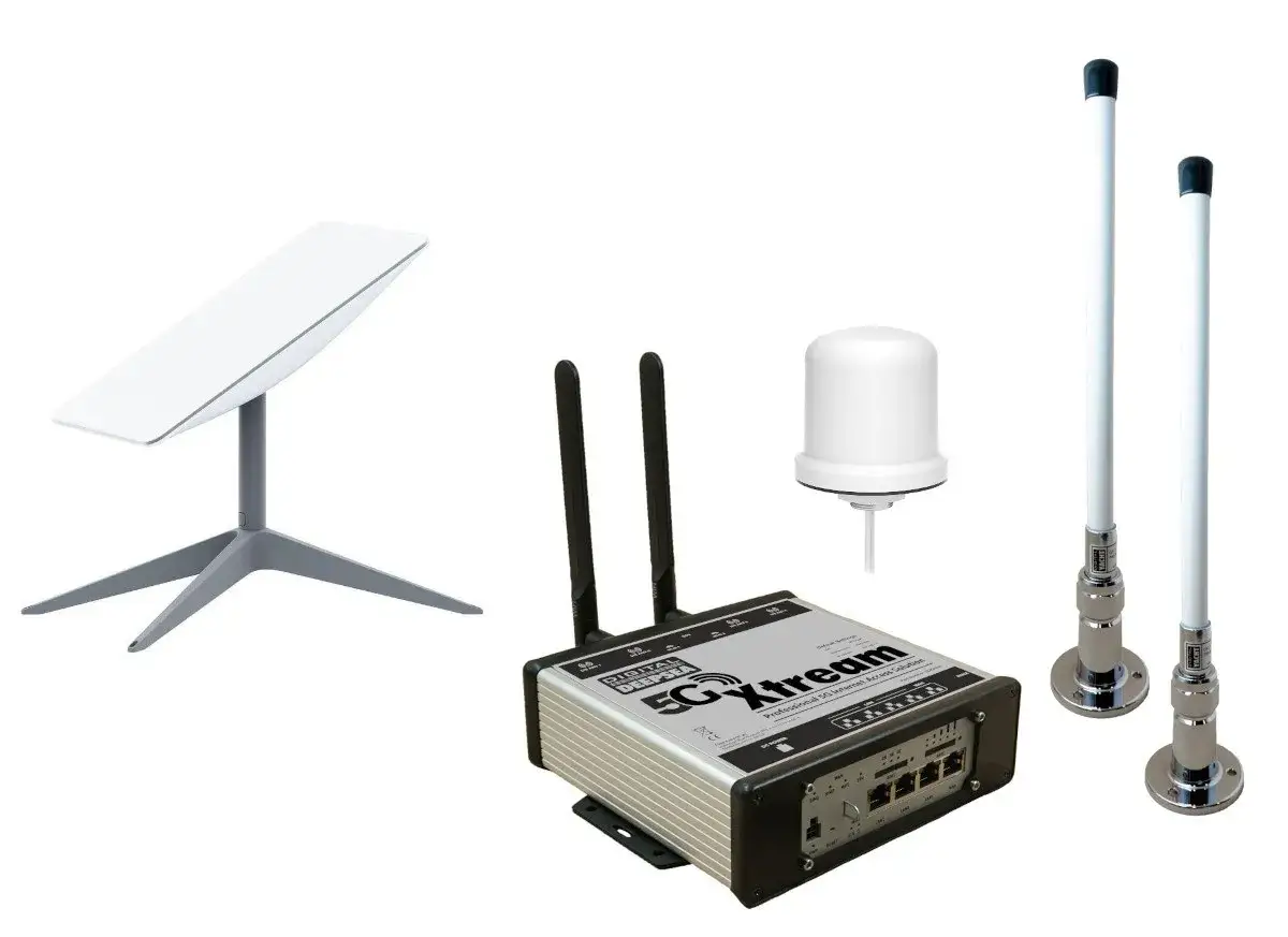 Kit per connettività avanzata: antenna Starlink, router 5G Xtreame, antenna a cupola e antenne esterne.