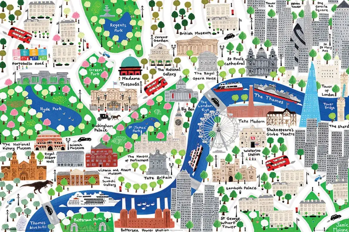 Ilustrowana mapa Londynu z parkami, muzeami, Pałacem Buckingham i London Eye. Idealna dla planujących wizytę w **parku rozrywki Londyn**.