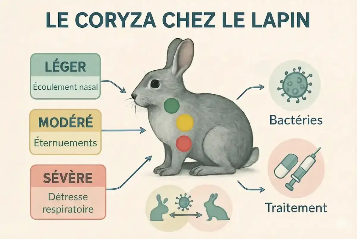 Illustration du coryza chez le lapin : sympt&ocirc;mes (l&eacute;ger, mod&eacute;r&eacute;, s&eacute;v&egrave;re), causes (bact&eacute;ries) et traitement (m&eacute;dicaments, seringue).