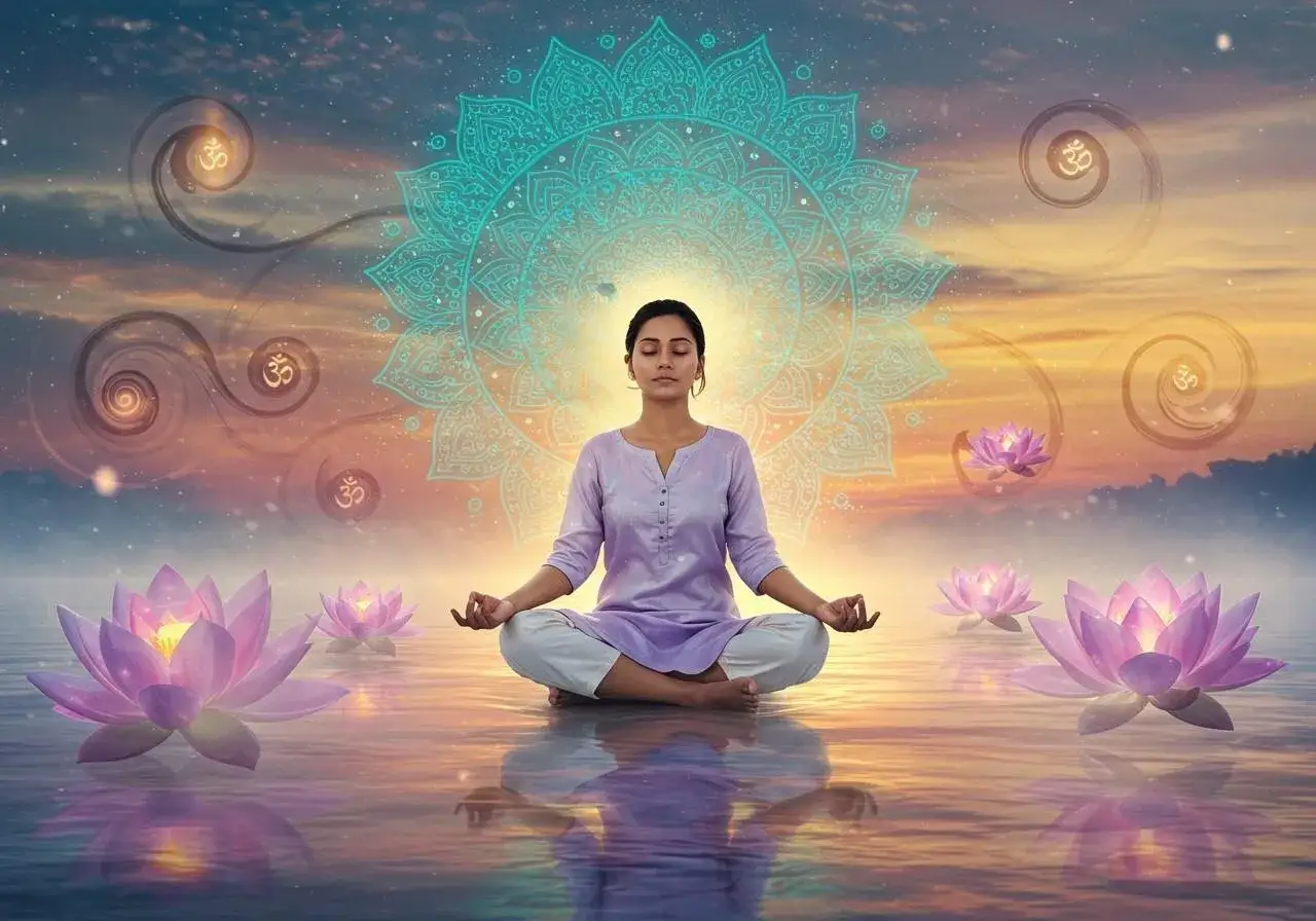 Kvinna i meditation, omgiven av lotusblommor och symbolen Om. En andlig resa inom hinduismens meditation.
