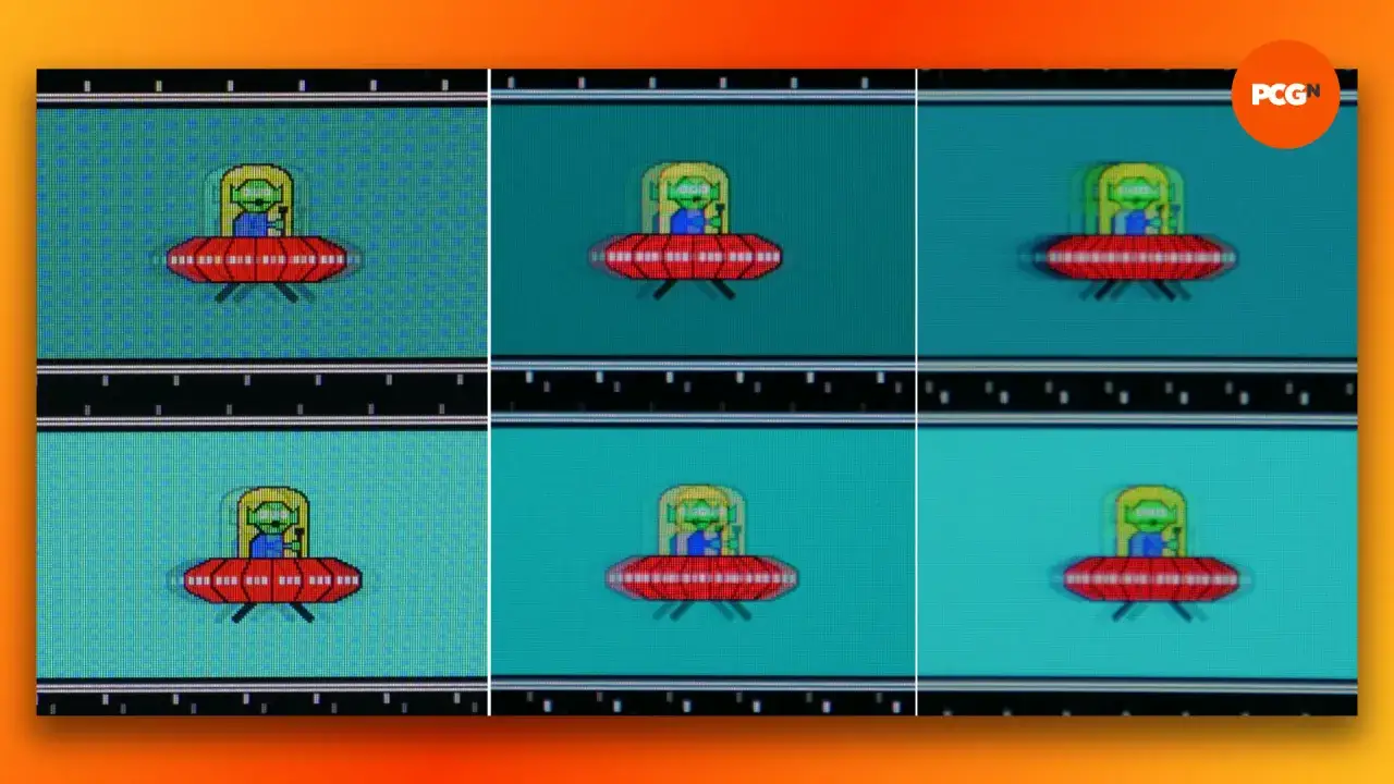Sechs Bilder zeigen ein Alien in einem UFO. Die Bilder demonstrieren die **gaming monitor reaktionszeit** durch unterschiedliche Sch&auml;rfe und Schlierenbildung.