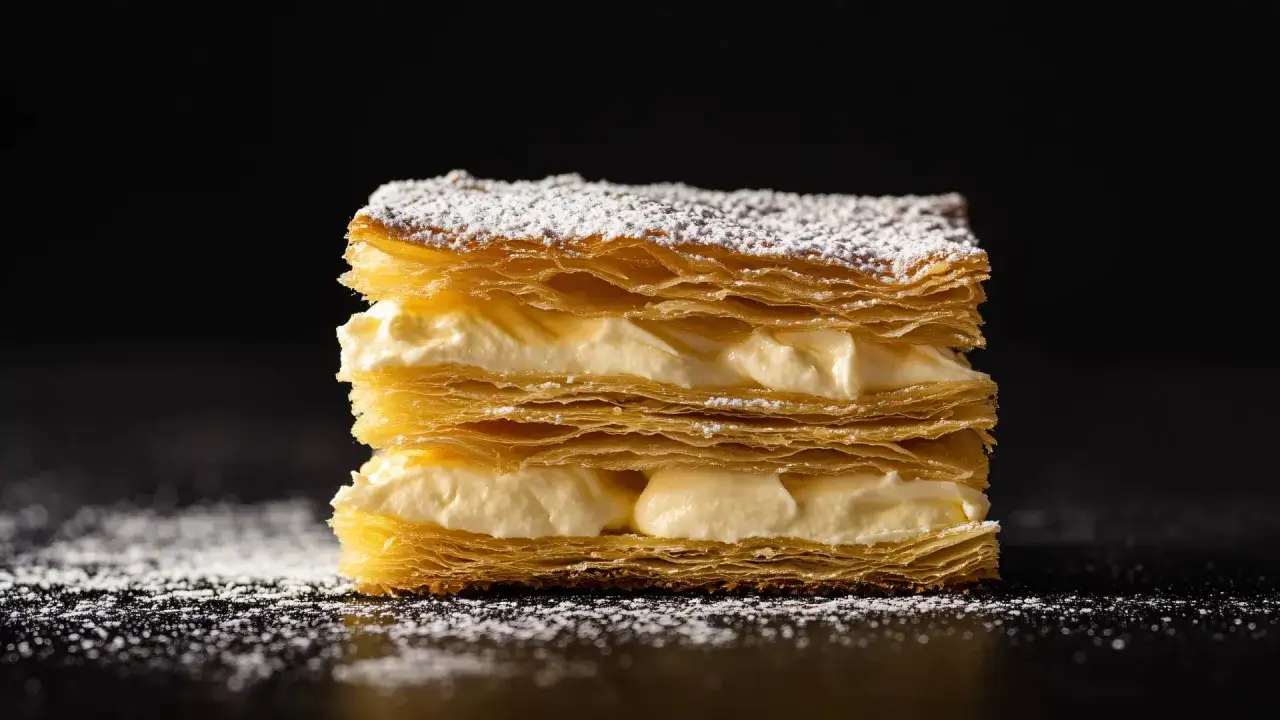Un délice de mille-feuille pâtissier, feuilleté croustillant et crème onctueuse, saupoudré de sucre glace. Une invitation à la gourmandise.