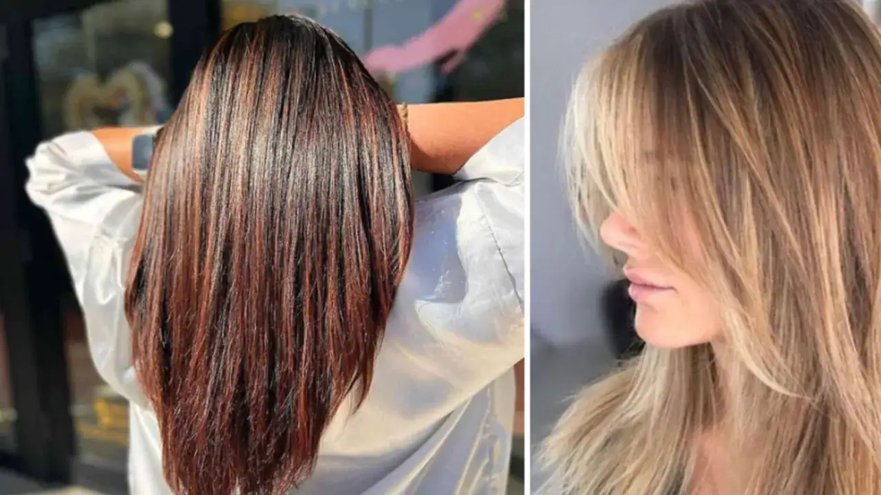 Dos estilos de cabello: uno largo y oscuro con reflejos rojizos, y otro rubio con un corte de cabello en v y flequillo.