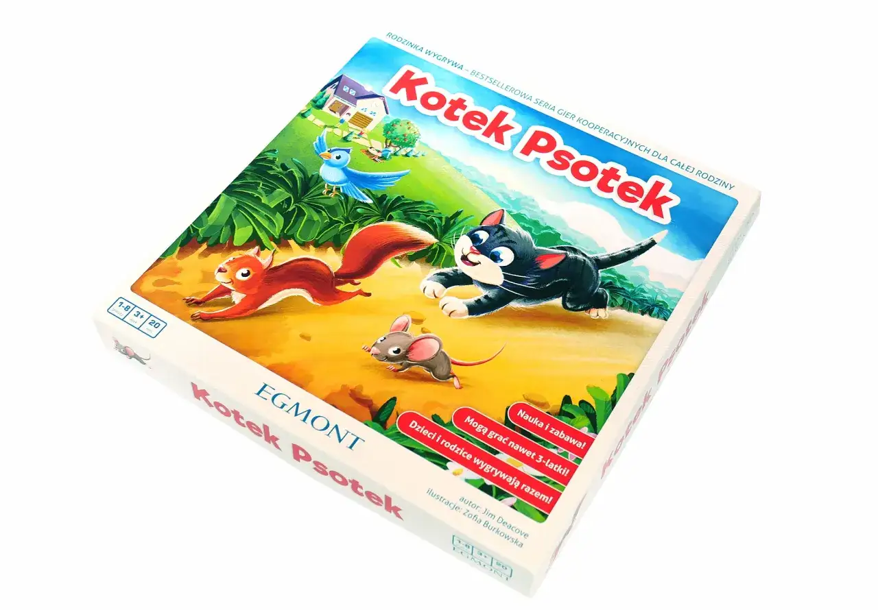Gra Kotek Psotek: czarny kotek goni wiewiórkę i myszkę. Wesoła plansza z ptaszkiem i domkiem.