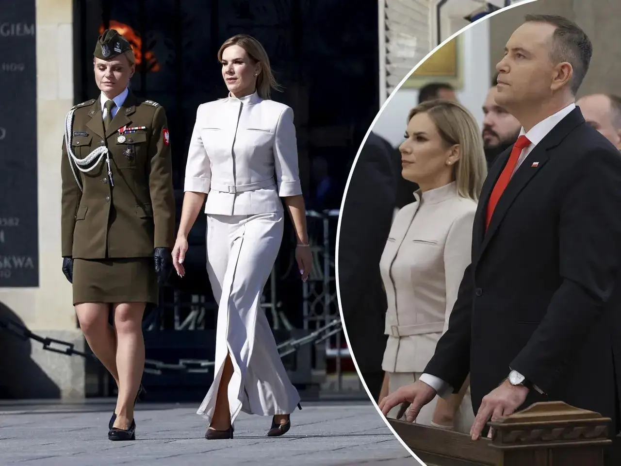 Elegancka stylizacja na przysięgę wojskową: wojskowa mundurowa elegancja i jasny garnitur.