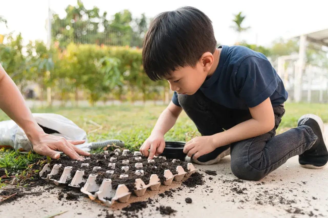 Ein Junge und eine Hand f&uuml;llen Eierkartons mit Erde f&uuml;r das Pflanzen von Samen. Ein sch&ouml;nes Beispiel f&uuml;r Recycling mit Kindern.