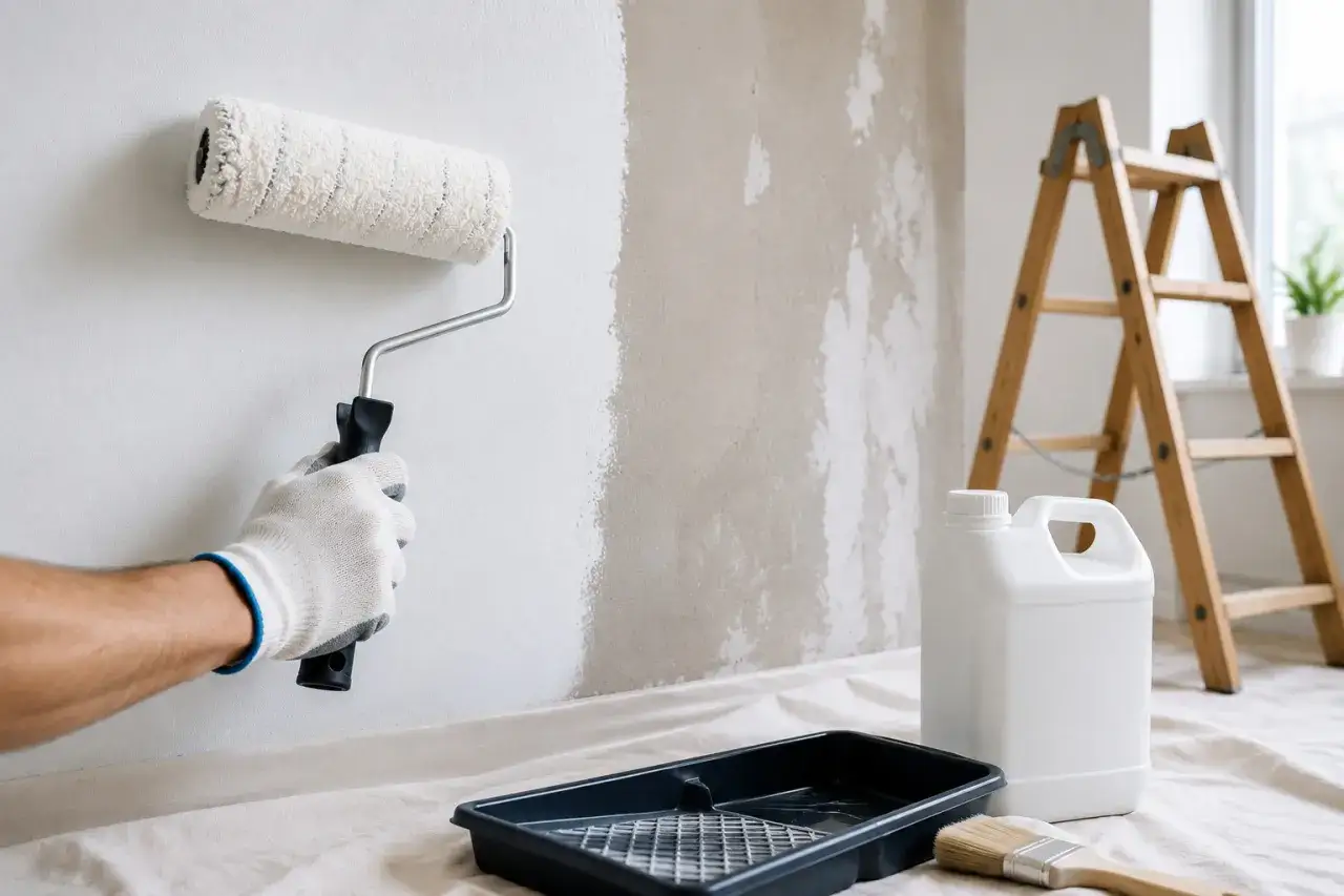 Mano guantata stende un fissativo per pittura con un rullo su un muro grezzo. Attrezzi da pittura e scala sullo sfondo.