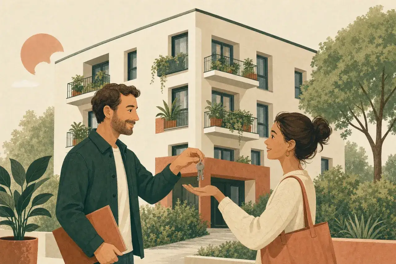 Un homme remet les clés d'un logement conventionné à une femme devant un immeuble moderne.