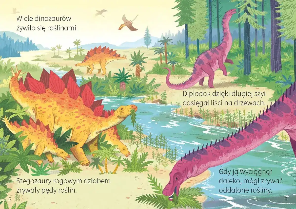 Ilustracja z najlepszej książki o dinozaurach dla dzieci: stegozaury jedzą rośliny, a diplodok sięga po liście.