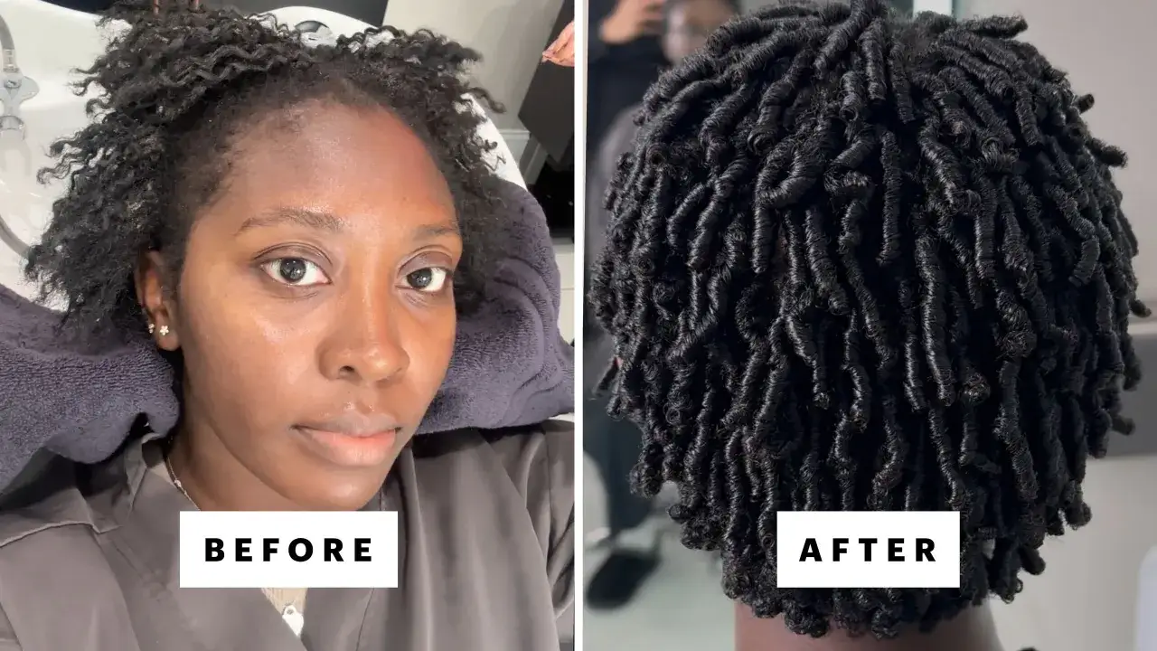 Antes y después de un tratamiento plex para lograr rizos definidos y voluminosos en cabello afro.