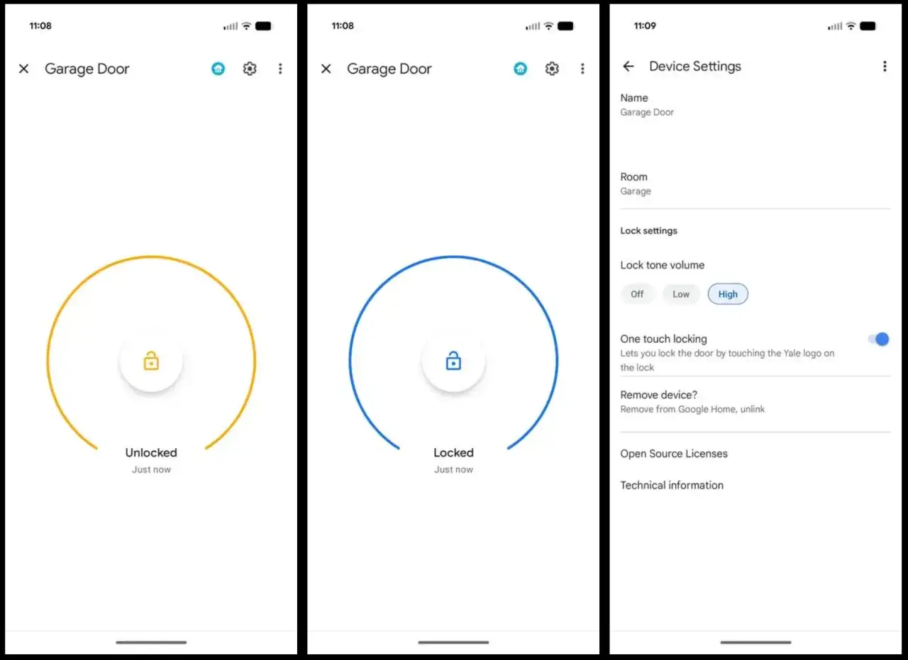 App-vy f&ouml;r Yale Doorman i Google Home visar garageporten ol&aring;st och l&aring;st, samt inst&auml;llningar f&ouml;r ljudvolym och en-trycksl&aring;sning.