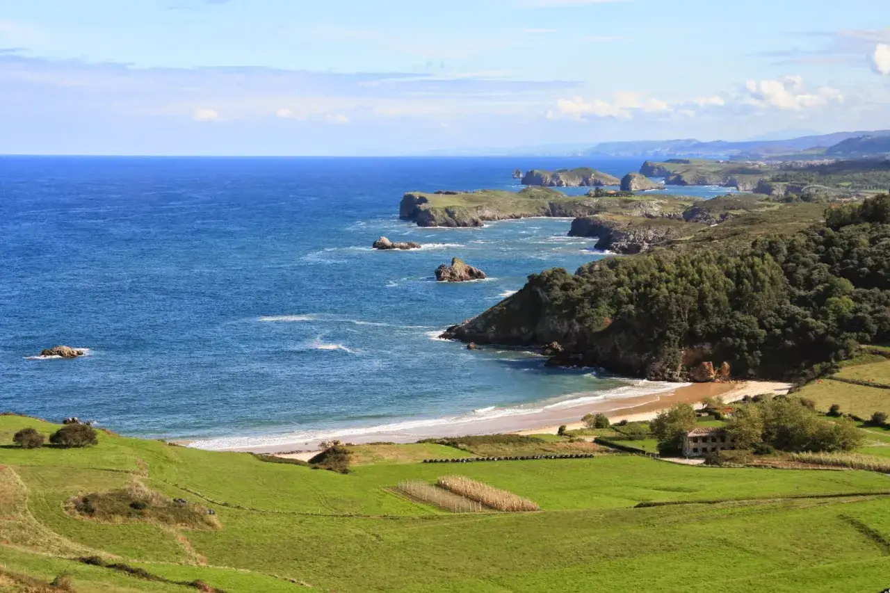 Vista panorámica de la playa de Oyambre, con el mar azul, acantilados verdes y un campo. Quizás unos perros corren libres por la arena.