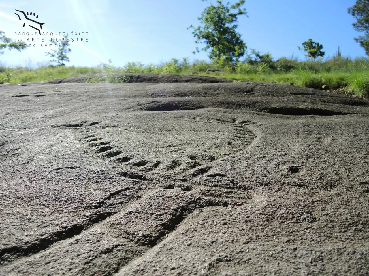 Grabado rupestre en el **campo Lameiro**, una joya arqueol&oacute;gica al aire libre bajo un cielo azul.