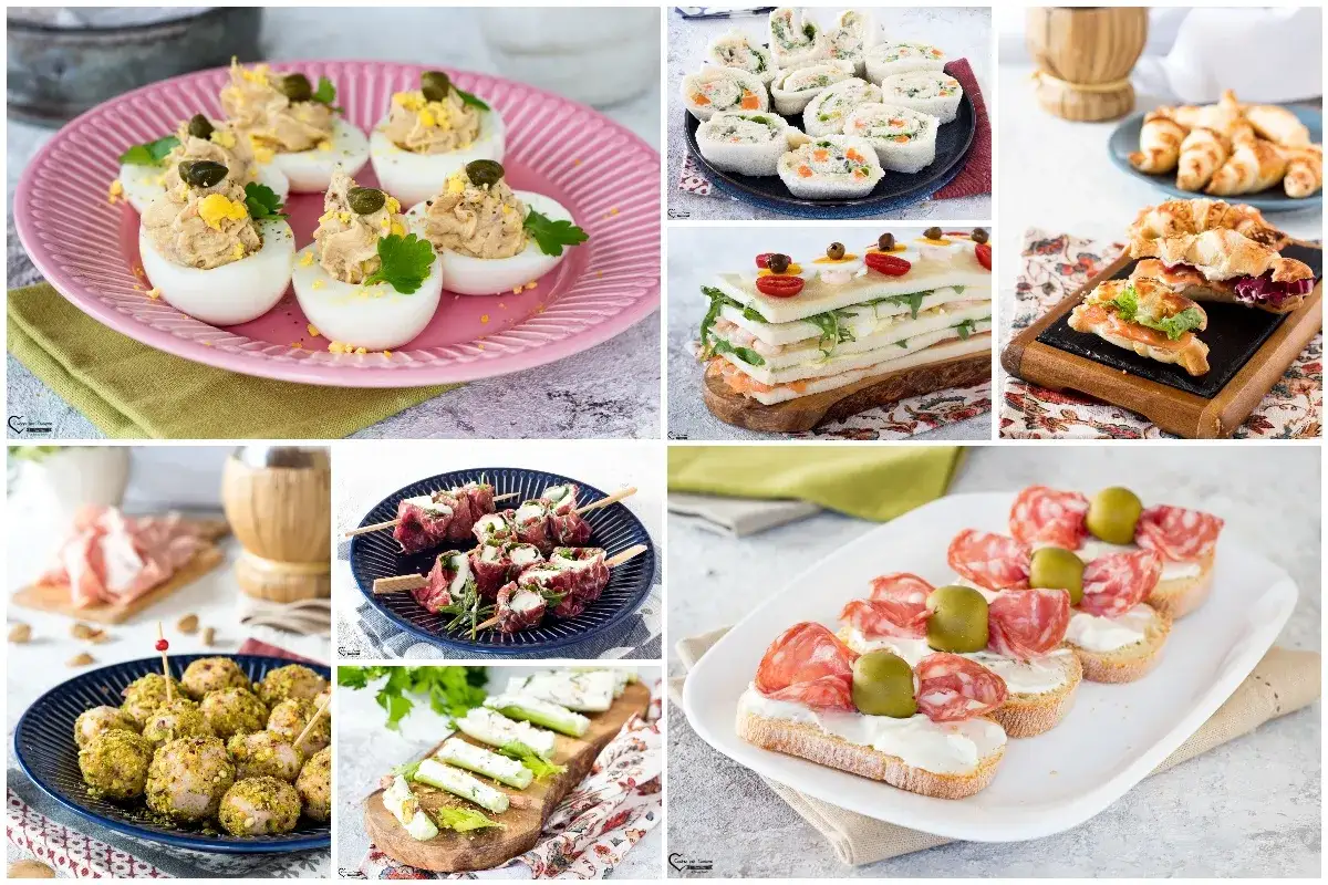 Variet&agrave; di antipasti freddi per buffet: uova ripiene, involtini, tartine, spiedini e tramezzini, perfetti per ogni occasione.