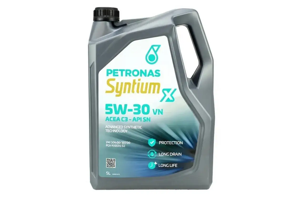 Szara bańka oleju silnikowego Petronas Syntium 5W-30 VN, 5 litrów. Zapewnia ochronę, długie interwały wymiany i długą żywotność silnika.